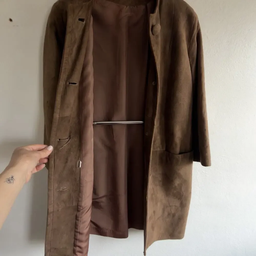 Vintage 1960s Camel Suede Collarless Swing Coat Covered Buttons Mid Century Sz 8 - Picture 9 of 12